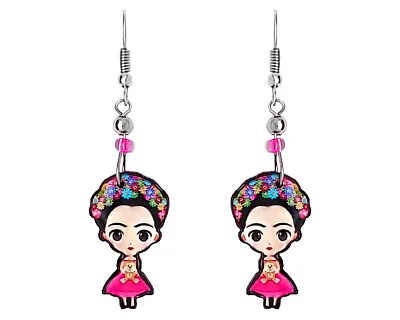 Frida Inspired Cartoon Doll Dangle Earrings Mexican Artist Women Pink Jewelry • $13.99