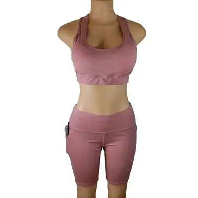 Women's 2 Piece Active Yoga Set Gym Workout Pink Pockets Shorts Set NWT S/M • $0.99