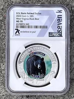 2022 Cook Island WEST VIRGINIA- Black Bear $5 MS 70 Silver Coin • $89.95