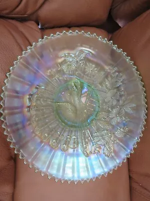 Vintage Carnival Glass Northwood Lime Or Ice Green Peacocks 9  Plate A Beauty • $210