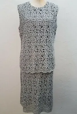 Anne Klein Sz 14 Metallic Silver Heavy Lace 2 Piece Skirt Set Dress Formal  • £26.55