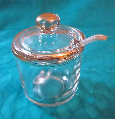VTG 4  Tall Clear Glass Jelly Jam Honey Condiment Jar With Lid And Plastic Spoon • $10.50