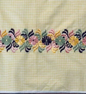 VINTAGE 50s Floral Embroidered Yellow Gingham Check Border Fabric Beautiful  BTY • $18