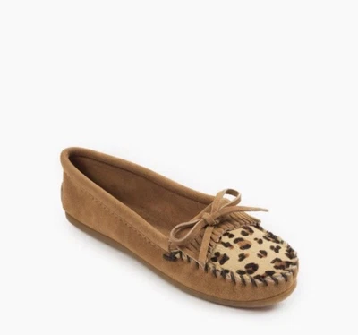 $32 • Buy MINNETONKA LEOPARD KILTY TAUPE MOCCASINS Size 6 Suede Flats Shoes Woman’s