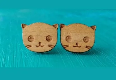 One Pair Of Wooden Cat Lover Laser Cut Stud Earrings Gift Idea • $10