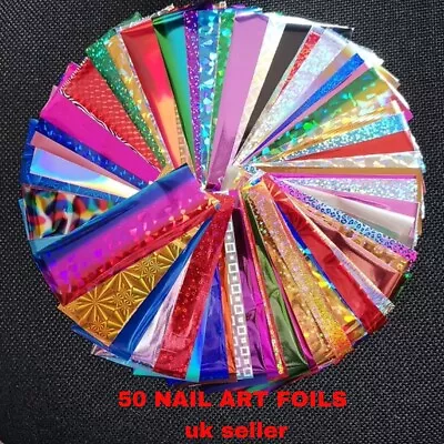 50 X Nail Foils - Mixed Nail Art Transfer Foil Wraps Decal Glitter Stickers UK! • £2.60