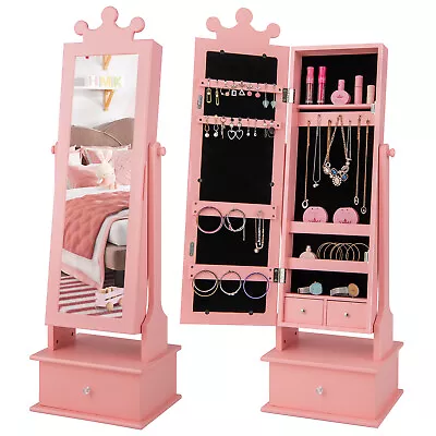 Kids Jewelry Cabinet Armoire Wooden Toddlers Vanity Mirror W/Full Length Mirror • £64.95