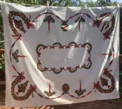 $7.95 • Buy Vintage Christmas Tablecloth Red Bows Garland Fruit Cotton 64” X 52” Cutter