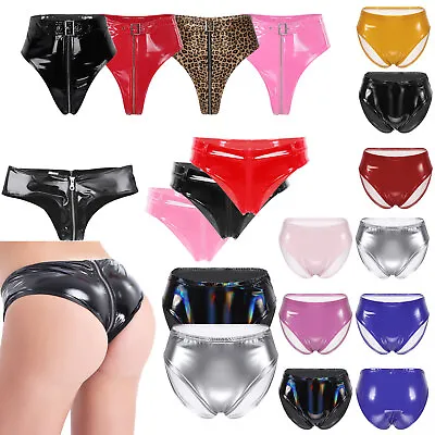 Women's Shiny Latex Wet Look Booty Dance Shorts Zipper Crotch Cheeky Hot Pants • £12.95
