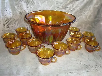 Carnival Glass Amber Grape Design Punch Bowl Set 13 Pieces - Punch Bowl And 12 C • $160