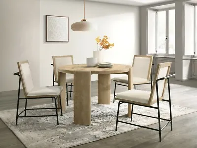 Modern 5pc Round Dining Table Set Oak Finish 4 Dining Room Chairs Upholstered • $1199