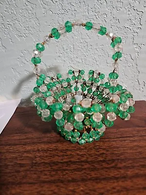 Vintage Handmade Safety Pin Beaded Basket Green. White. St. Patricks Day • $10.99