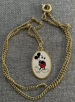 Walt Disney Enamel Mickey Mouse Pendant Chain Necklace Gold Tone Vintage 1970 • $16.50