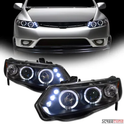 Fits 2006-2011 Civic 2 Door Blk Housing LED Halo Projector Headlights Signal Amb • $176