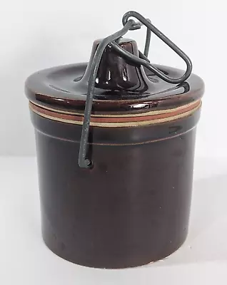 Vintage Brown Glazed Stoneware Butter Cheese Crock Wire Bail Locking Lid Farm • $12.98