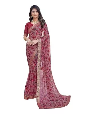 Women's Trendy Jacquard Lace Printed Georgette Saree With Blouse Piece Maroon • £23.40