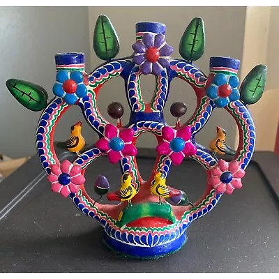 Vintage Handmade Mexican Tree Of Life Pottery Candelabra Sculpture Bright Colors • $12.50