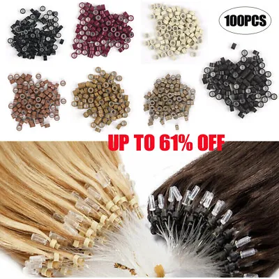 100pcs Beads Micro Rings Silicone Lined 3MM Hair Extensions FREE Puller Tool • £2.21