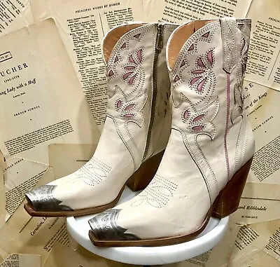 Free People Blakely Western Boot Leather Laser Cut Metal Tip Ivory Pink 39/9 NEW • $246