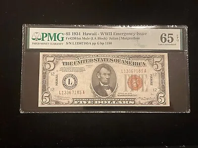 TOUGHER MULE Series 1934 $5 Hawaii “WWII Emergency Issue” PMG 65 EPQ FR2301m UNC • $1395