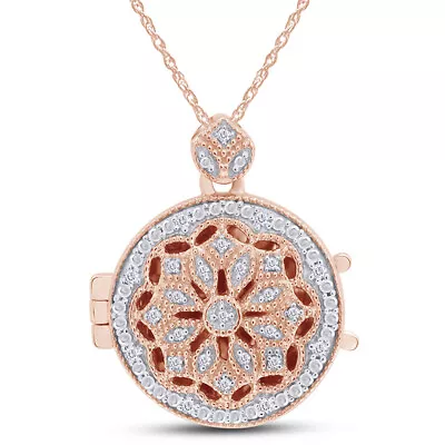 14K Gold Plated Silver Vintage 0.10Ct Natural Diamond Locket Floral Necklace • $167.85