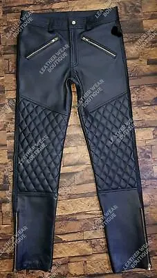 $139 • Buy Mens Real Leather Biker Pant Double Zip Quilted For Gay BLUF Breeches Lederhosen