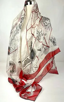 $420 Alexander McQueen Ivory Silk Red Skull Floral Map Scarf Shawl 605150 9274 • $249.99