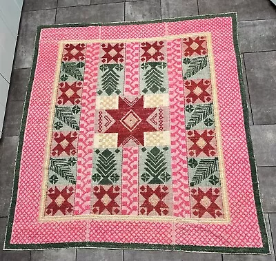 Vtg Folk Art Design Star Chenille Loop Rug Bedspread Throw Pink Red Pinwheel • $199