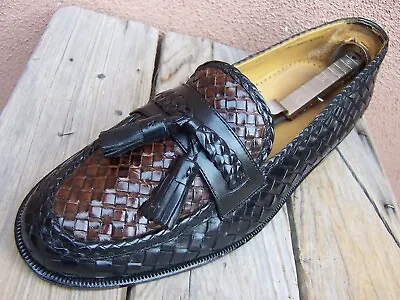 MAGNANNI Mens Casual Dress Shoes Black Brown Woven Leather Tassel Loafer Size 9M • $89.99