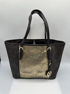 Michael Kors Jet Set Gold Python Stripe Mk Pvc Brown Saffiano Trim Tote Handbag • $36