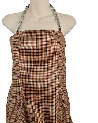 THE RAGGED PRIEST Brown Houndstooth Dress Size Small Chain Halter Neck New • £9.99