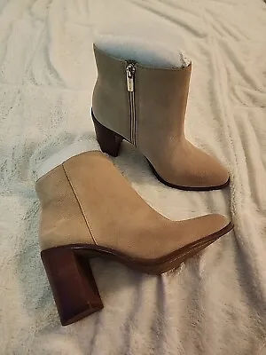 Vince Camuto Paitrilla Suede Side Zip Almond Toe Heeled Ankle Bootie Tan 9.5 New • $48.80