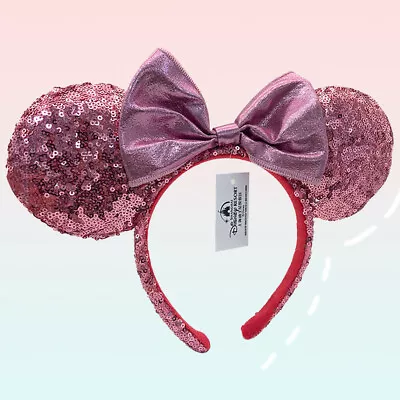 Rare Light Pink Sequin Bow Disney- Mouse Ears Headband Valentine's Day Hairband • $16.42