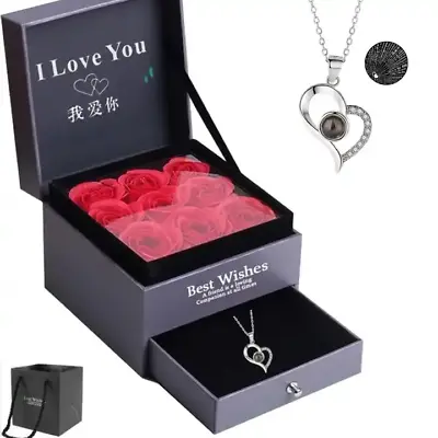 Gift Set For Her I Love You In 100 Languages Necklace With Rose Jewellery Box • £13.99