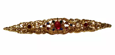 Vintage Victorian Style Filigree Rhinestones Ruby Cabochon Pearl Bar Brooch Pin • $10