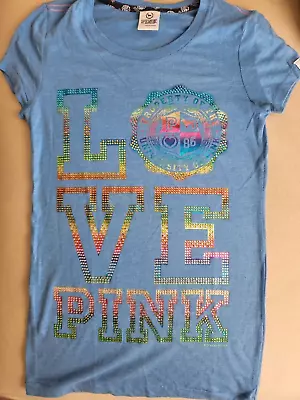 Victoria's Secret Pink Love Pink Rhinestone Rainbow Blue T Shirt • $29.99