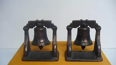Vintage Pair Liberty Bell Bookends Cast Iron Copper Flash Finish  Heavy  • $19.99