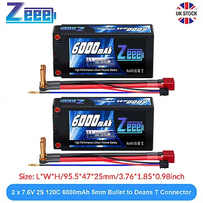 2x Zeee 2S Shorty Lipo Battery 6000mAh 7.6V 120C 5mm Bullet To Deans For RC Car • £77.99