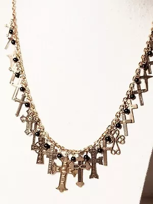 Vintage Cross Necklace With 21 Cross Charms On 22  Chain Gold Tone Brass • $24.95