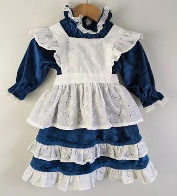 Vintage Toddler Girls Blue Velvet Dress White Eyelet Lace Apron Ruffles Sash VGC • $41.71