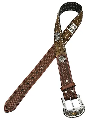 Nocona Mens Western Belt Size 32 Brown Leather Calf Hair Rhinestones Basketweave • $37.99