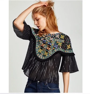 Zara Boho Black Metallic Striped Embroidered Fringe Top - Size Extra Small • $19.95