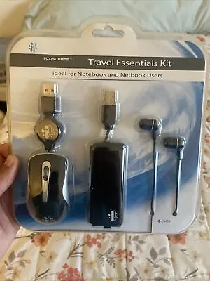 I-CONCEPTS Black TRAVEL ESSENTIALS KIT OPTICAL MOUSE MOBILE 4 USB HUB EAR BUDS • $7