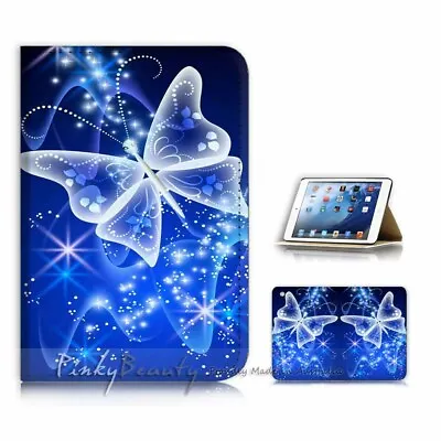 ( For IPad Mini 4 Gen 4 ) Flip Case Cover AJ21099 Blue Bling Butterfly • £9.91