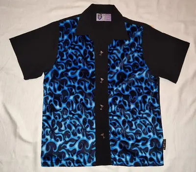 SICK Casino Wear Mens Black Blue Fire Flames Velvet Gambling Bowling Shirt L? • $19.99