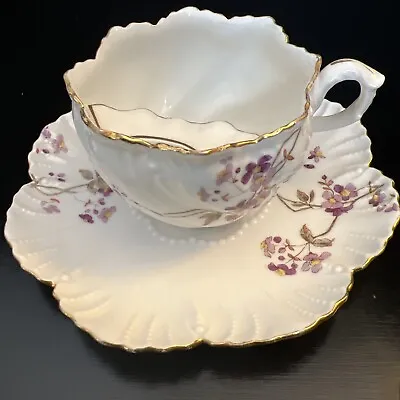 Antique A.Lanternier LIMOGES FRANCE Moustache 1890s Tea Cup Saucer Gold Floral • $169.99