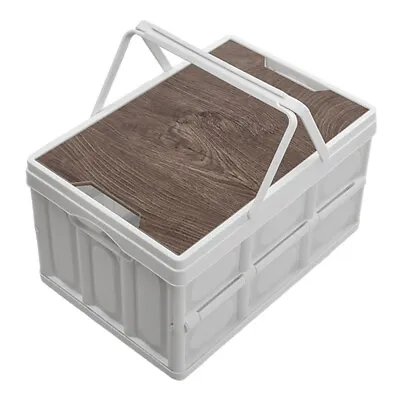 Camping Folding Storage Box With Carry Handle Wooden Lid Picnic Basket Crate Box • £10.95