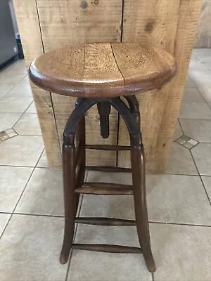 Antique Oak & Cast Iron Swivel Stool Adjustable Drafting Industrial  • $299.95