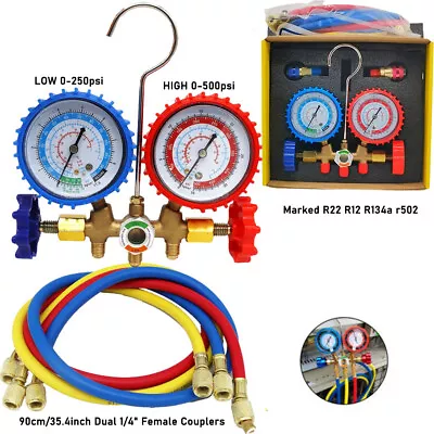 AC Manifold Gauge Set A/C Refrigeration 3FT Color Hose Fit R502 R134a R12 R22 • $25