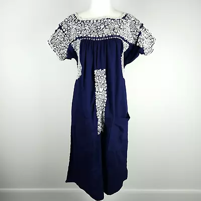 Vintage 70s Oaxacan Mexican Dress Folk Embroidered Dark Blue White Ornate S/M • $265